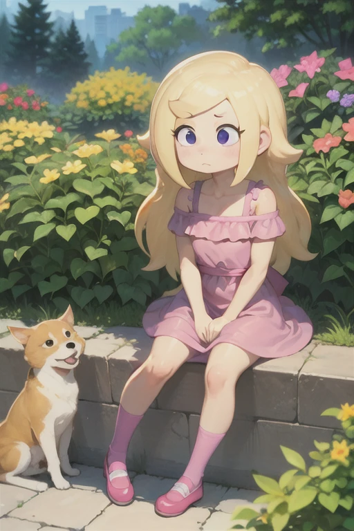 pastel color, yellow hair, pink dress, pink shoes Pinto, Orange  Blonde hair, Dog  Canine pink nose  at a garden with flowers