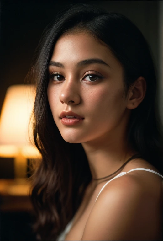 (close-up, editorial photograph of a 21 year old woman), (highly detailed face:1.4) (smile:0.7) (background inside dark, moody, private study:1.3) POV, by lee jeffries, nikon d850, film stock photograph ,4 kodak portra 400 ,camera f1.6 lens ,rich colors ,hyper realistic ,lifelike texture, dramatic lighting , cinestill 800, realistic full body,  very small white bikini like single rope, big breasts, big butts, 