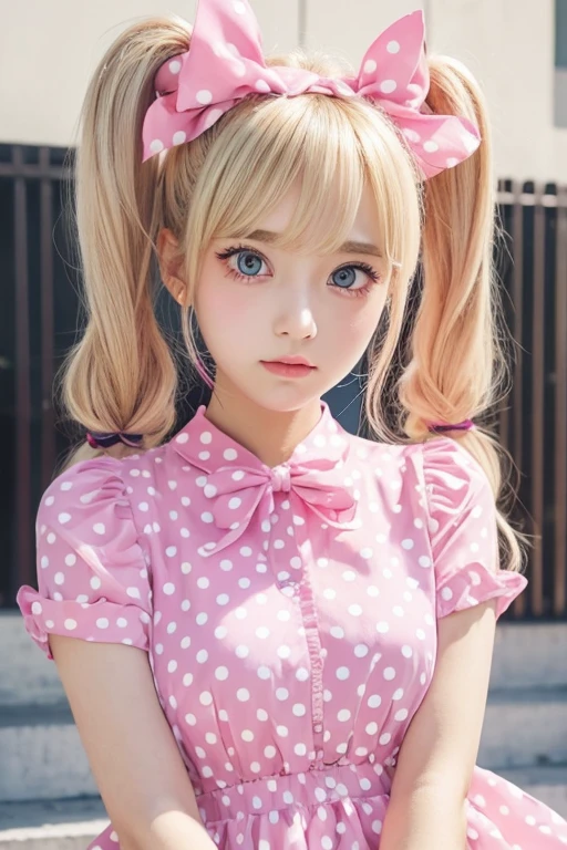 blonde twin tails pink polka dot ribbon Big pink eyes Beauty Polka dot clothes live-action Pastel World