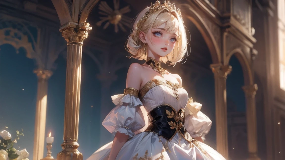 (best quality, masterpiece), 1 girl, intricate details, Off the shoulders, skirt, collar, decorate, perspective, looking at the audience, blush, Upper body, blurred background, floral, contrasting