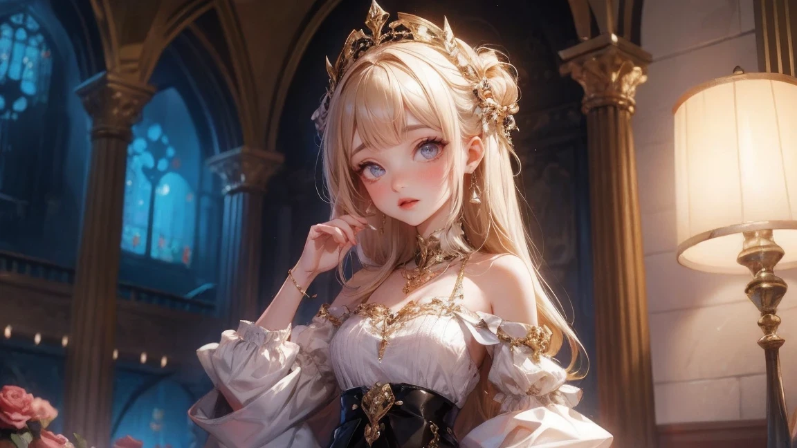 (best quality, masterpiece), 1 girl, intricate details, Off the shoulders, skirt, collar, decorate, perspective, looking at the audience, blush, Upper body, blurred background, floral, contrasting