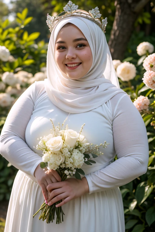 ((best quality)), ((masterpiece)), ((detailed)), ((a 25 year old chubby girl)), white loosely gamis dress, (smiling:1), long sleeve, white hijab, flowers crown, There are many scattered luminous petals, hidding in the light yellow flowers, Depth of field, ray of lights, Many scattered leaves, branch, angle, contour deepening, cinematic angle,