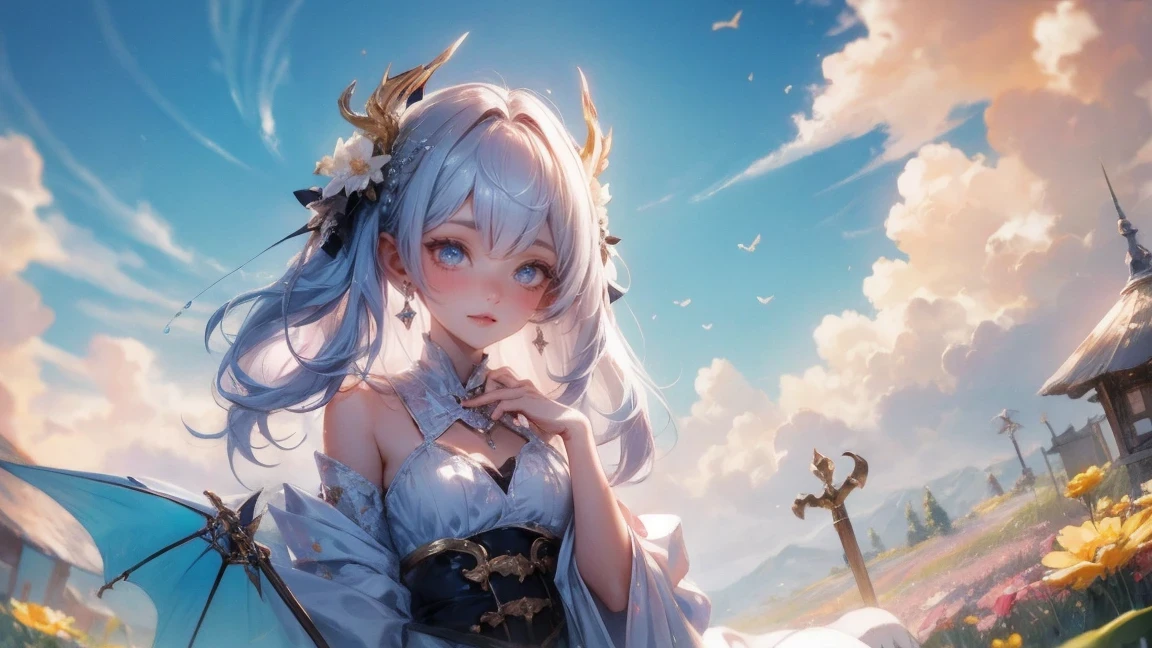 (masterpiece), (Excellent), (Extra fine), white dew, square, audience, dragon tail corner, Upper body, flowers, ribbon, cloud,