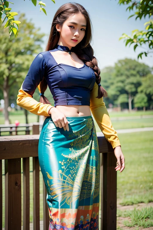 A girl's beautiful body beauty (long hair braided) cartoon anime watercolor painting,  Burmese girl  ,  popular on the painting;  8k  craft  Good detail,  full of colors,  Intricate detail;  Golden ratio high hips, attractive figure illustration,  (acmm ls wearing, acmm top, dark green acmm top, long sleeve, acmm long skirt, dark blue acmm long skirt, printed skirt)