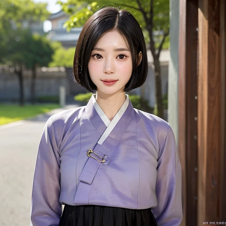 (kawaii 24 year-old Japanese girl, Nogizaka idol, Korean idol), (glossy black hair, medium bob cut:1.3), (extra rounded face, forehead, single eyelid, no makeup, soft smiling:1.2), (well shaped whitened teeth:0.7), (wearing light purple Hanbok, Korean traditional cloth:1.3), well shaped extra small breasts, (looking at viewer:1.2), BREAK, (simple outdoor background:1.3), (portrait, id photo, close shot, view from straight forward:1.3), BREAK, (masterpiece, best quality, photo realistic, official art:1.4), (UHD, 8K quality wallpaper, high resolution, raw photo, film grain:1.2), (shiny skin), professional lighting, physically based rendering, award winning, (perfect anatomy, highly detailed skin, extremely detailed face and eyes, well drawn glittering pupils), Carl Zeiss 85 mm F/1.4, depth of field, 1girl, solo,