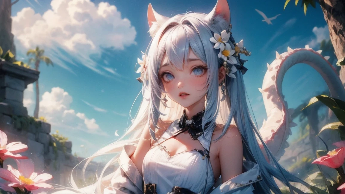 (masterpiece), (Excellent), (Extra fine), white dew, square, audience, dragon tail corner, Upper body, flowers, ribbon, cloud,