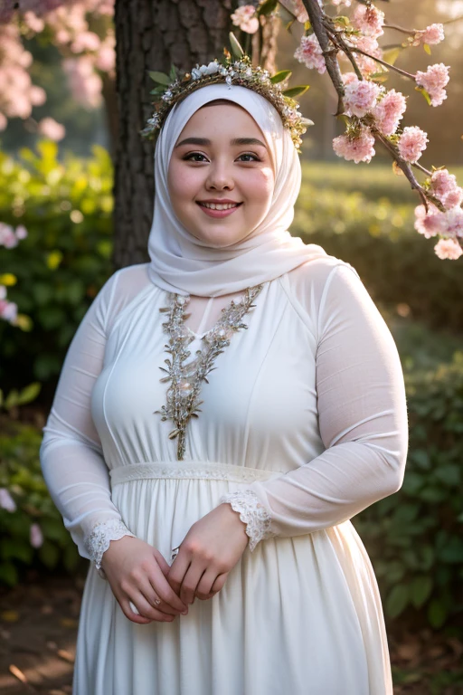 ((best quality)), ((masterpiece)), ((detailed)), ((a 25 year old chubby girl)), white loosely gamis dress, (smiling:1), long sleeve, white hijab, flowers crown, There are many scattered luminous petals, hidding in the light yellow flowers, Depth of field, ray of lights, Many scattered leaves, branch, angle, contour deepening, cinematic angle,