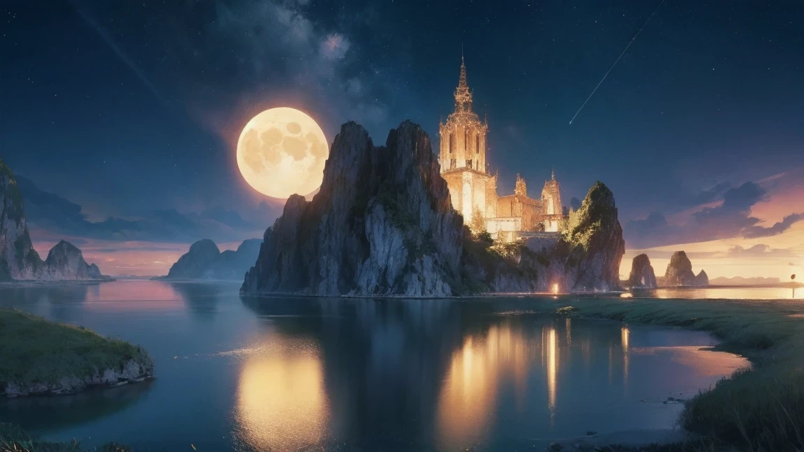 night view with some asian people's house, Vietnam, Vietnam, Ha Giang, moon, lake in foreground, calm night, green and blue, digital illustration, 4k highly detailed digital art, night view, Anime Art Wallpaper 4k, anime art wallpaper 4k, 4k detailed digital art, nature landscape at night, anime art wallpaper 8k, background artwork, Beautiful art ultra hd 4k, 4k high definition illustration wallpaper