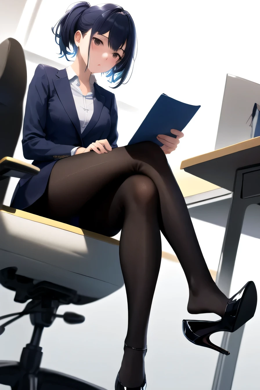 masterpiece, highest quality, High resolution, 1girl High heels hanging down, sitting cross-legged, office lady、hairstyle short cut、、black tights
