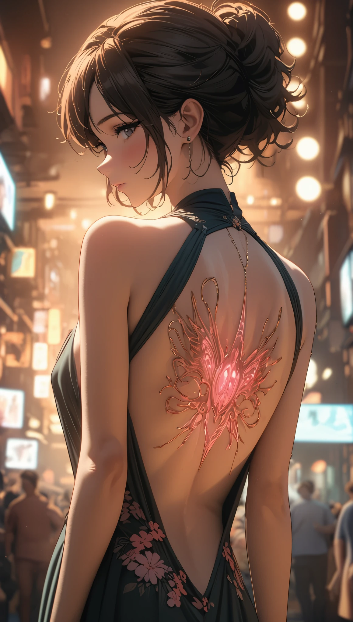 official art, unified 8k wallpaper, Super detailed, Beautiful and beautiful, masterpiece, best quality,Backless evening dress，Beauty close-up，Turn your back to me，Look back at me，Flower tattoo on back，Hojoji manga art style，Neon special effects，movie lighting，8k，best quality，masterpiece，OC renderer，