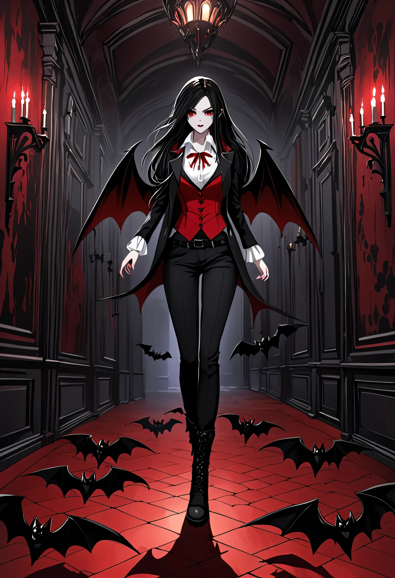 detailed image, high quality, vampire girl, Bat wings, Black long hair, Red eyes, in a black jacket, in a red vest, in a white shirt, in black trousers, in short boots, floats above the floor, in the hall of the vampire queen's castle, dark and scary environment,
