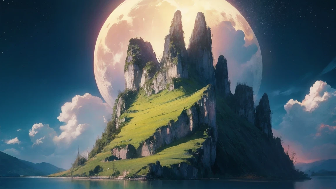 night view with some asian people&#39;s house, Vietnam, Vietnam, Ha Giang, moon, lake in foreground, calm night, green and blue, digital illustration, 4k highly detailed digital art, night view, Anime Art Wallpaper 4k, anime art wallpaper 4k, 4k detailed digital art, nature landscape at night, anime art wallpaper 8k, background artwork, Beautiful art ultra hd 4k, 4k high definition illustration wallpaper