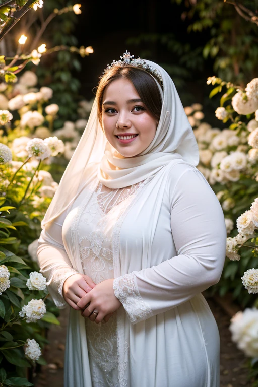 ((best quality)), ((masterpiece)), ((detailed)), ((a 25 year old chubby girl)), white loosely gamis dress, (smiling:0.5), long sleeve, white hijab, white shawl, flowers crown, There are many scattered luminous petals, yellow flowers tunnel, Depth of field, ray of lights, Many scattered leaves, branch, angle, contour deepening, cinematic angle,