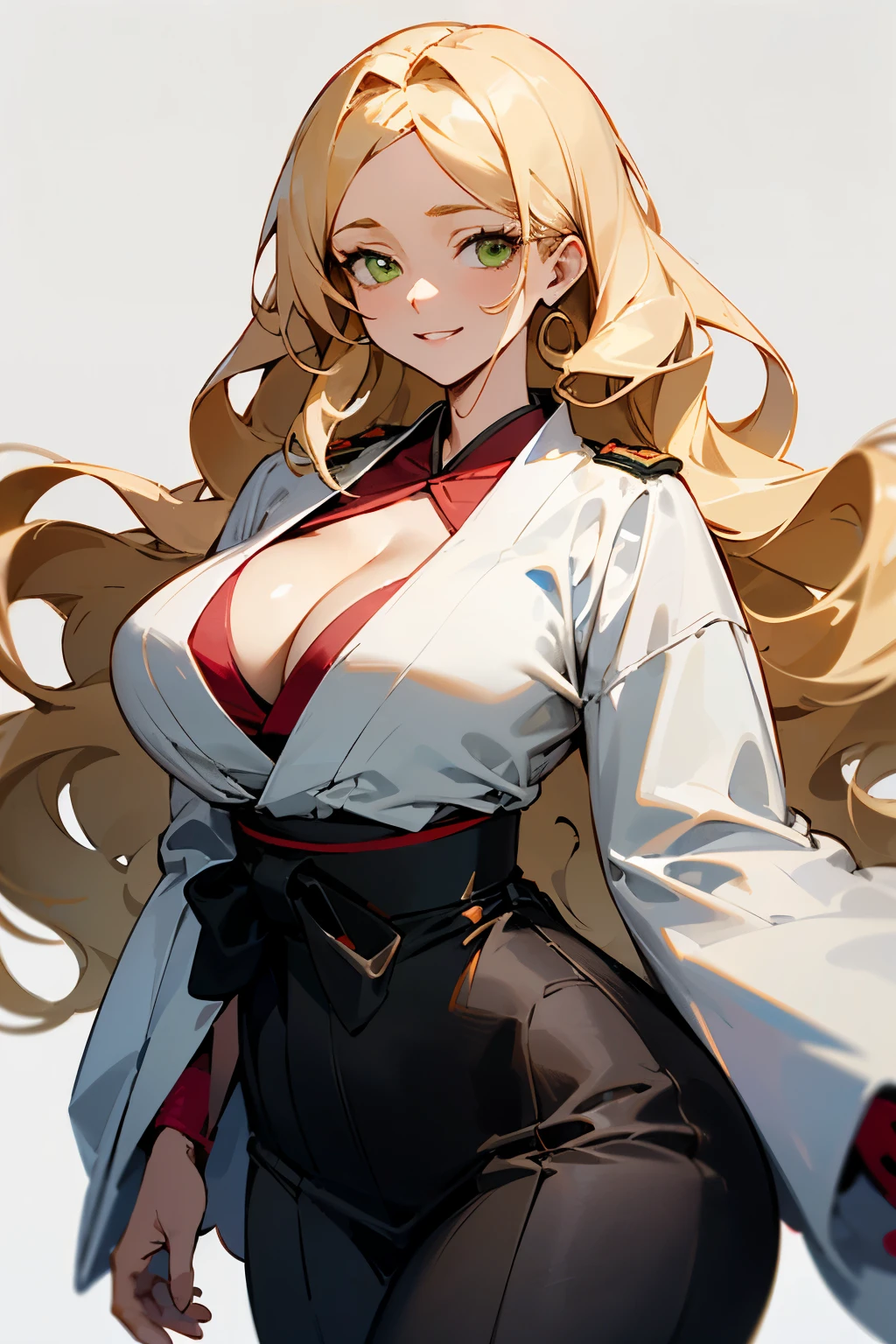 ((Mejor calidad)), ((obra maestra)), (detallado), cara perfecta,
Young woman, long wavy blonde hair, green eyes, fair skin, shinigami uniform, white kimono with ngros details and a matching hakama, curvy figure, unbuttoned uniform, showing cleavage, relaxed attitude, carefree expression