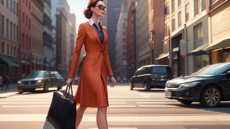 there is woman walking across the street with a bag, walk to work with a briefcase, business woman, commercial illustration, stylized digital illustration, walk to work, elegant digital art, Written by Mattsburg, corporate animation style, promotional rendering, woman walking, on the city street, standing on the city street, on the city street, Animation style rendering