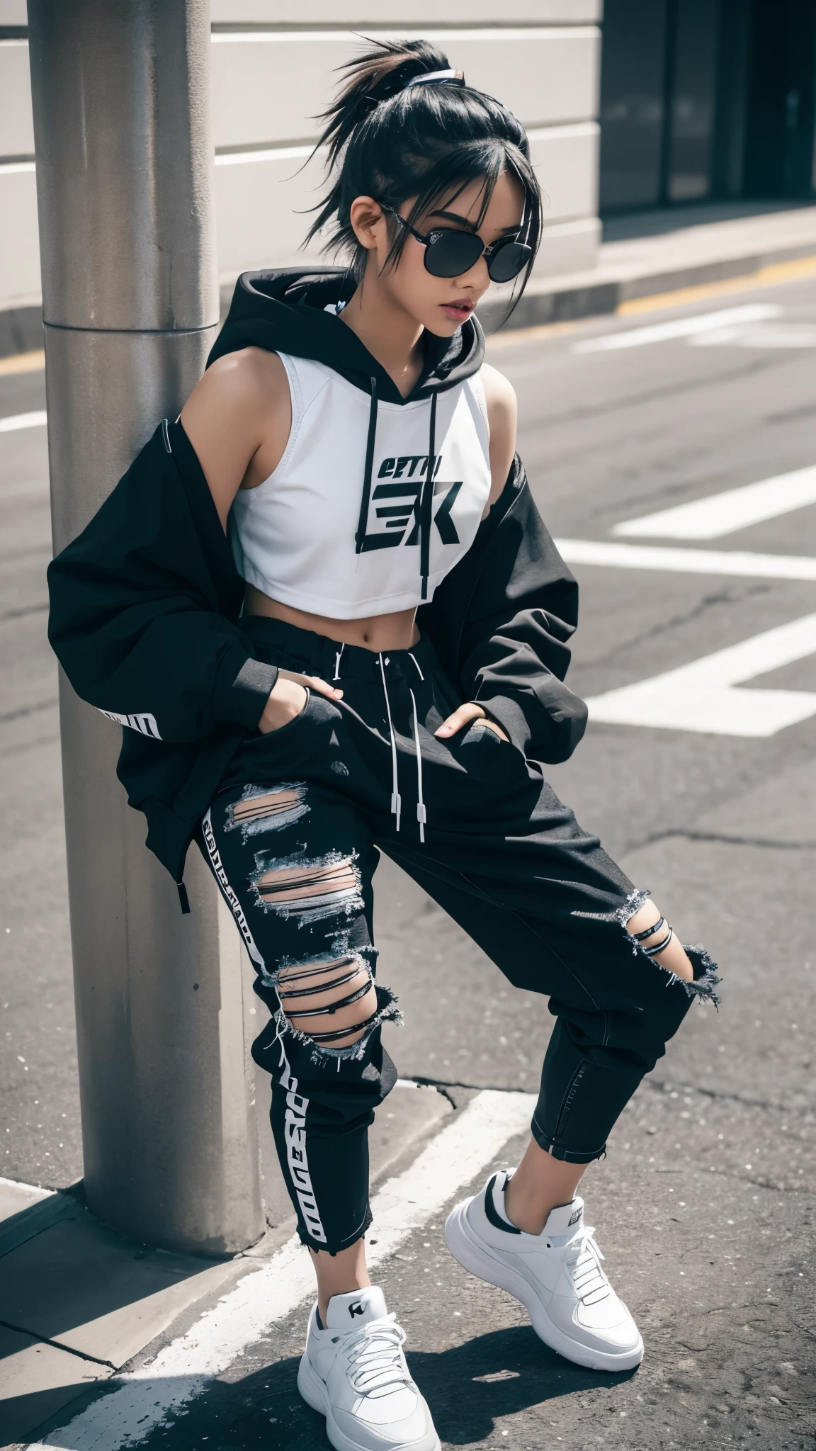(ultra Detail, 8k, beautiful, best quality:1.2), Neon White Streetwear with Harness Accents,
Craft a bold streetwear ensemble infused with neon white accents, set against a backdrop of black and grey tones,
Start with a sleek grey bodysuit featuring intricate cutouts and mesh detailing for a contemporary, edgy aesthetic,
Layer atop the bodysuit with a cropped black hoodie adorned with neon white graffiti-style graphics, adding an urban-inspired twist,
Break
Pair the hoodie with high-waisted black distressed denim jeans featuring neon white paint splatter accents, delivering a rebellious edge to the look,
Accessorize with a statement neon white harness worn over the hoodie, elevating the outfit with avant-garde flair,
Break
Complete the ensemble with chunky black sneakers accented with neon white trim, providing a touch of sporty-chic appeal,
Carry a sleek black backpack with neon white logo detailing, ensuring practicality without compromising style,
Break