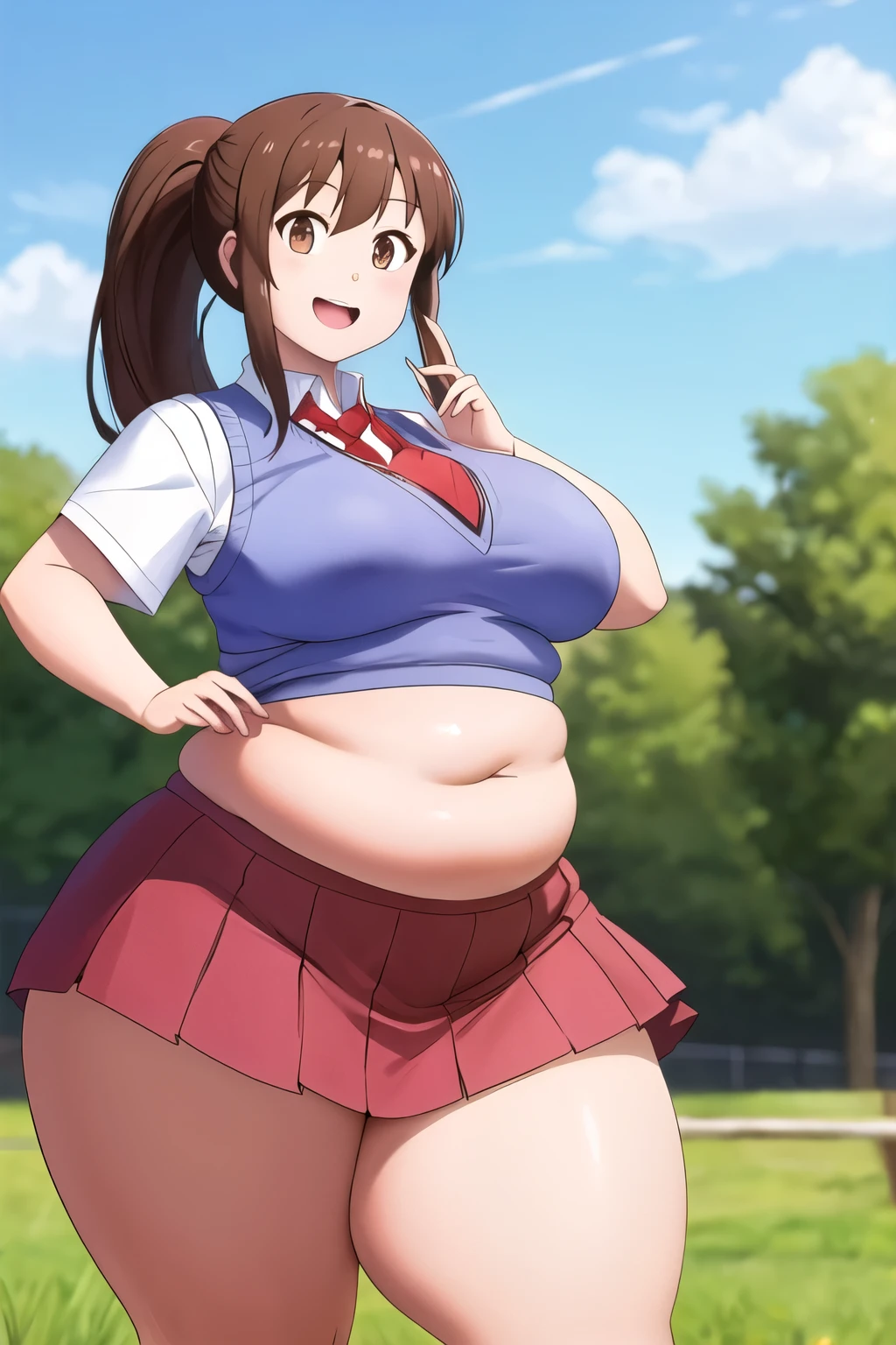 masterpiece, best quality, highres, an1, brown eyes, ponytail, , blue sweater vest, red necktie, pink skirt, cowboy shot, outdoors, smile, open mouth, large breast, chubby, fat belly, thick thighs. slightly exposed midriff. wide hips. thick legs.