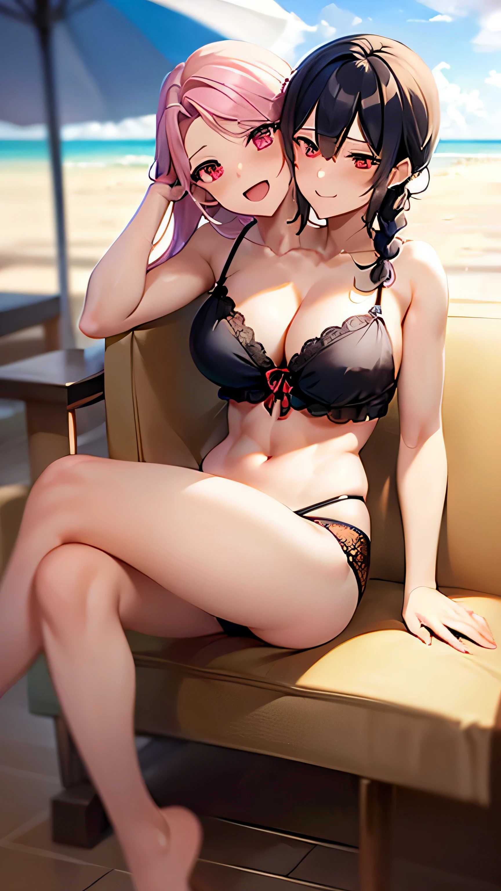 (2heads:1.3), (1boy:1.2), male female couple, red eyes, black hair, pink hair, braid, long hair, (handsome:1.5), (masculine:1.5), (masterpiece), (high quality), (best resolution), :D, looking at viewer, beach, bikini, wide hips, thick thighs, (masculine chest:1.1), (flatchested), barefoot, sitting