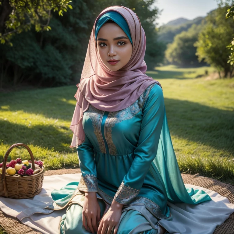 beautiful muslimah girl, wearing traditional silk baju kurung, ultra-detailed, detailed faces, detailed skins, 8k masterpieces, cinematic lighting, ((1girl)), ((solo)), firm push-up bosom, modest bosom, slim and slender body, long hijab, eid mubarak, in malay village, picnic in the meadow with a basket full of fruits and flowers