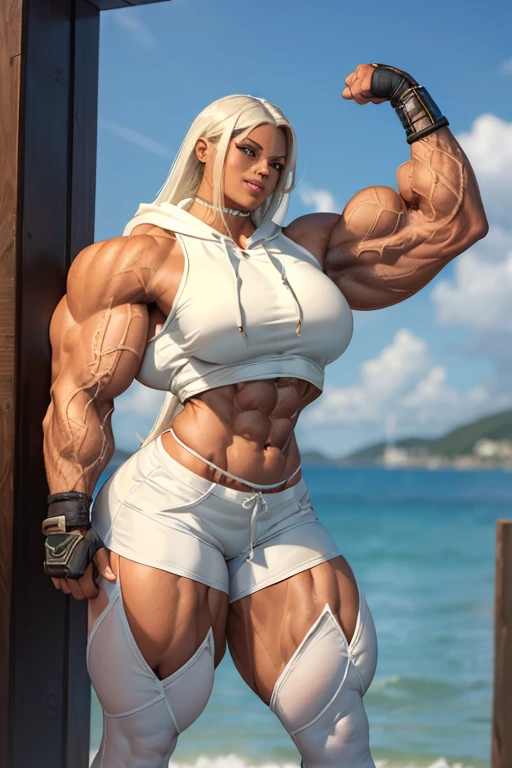 ((((Massive tall, beautiful, buff, brown skinned muscular woman with white hair, ginormous muscles, flexing muscles and wearing a white cropped hoodie with dolphin shorts)))), close view, massive muscle, massive biceps, hyper muscle shoulders, ((massive muscle arms)) vascular shoulders, hyper muscle triceps, (long straight hair), blue eyes, choker, sneakers, in a hot outdoors gym, (fingerless gloves), confident smile, night, hyper vascular arm, hyper muscles arms, hyper muscle legs, (massive arms).