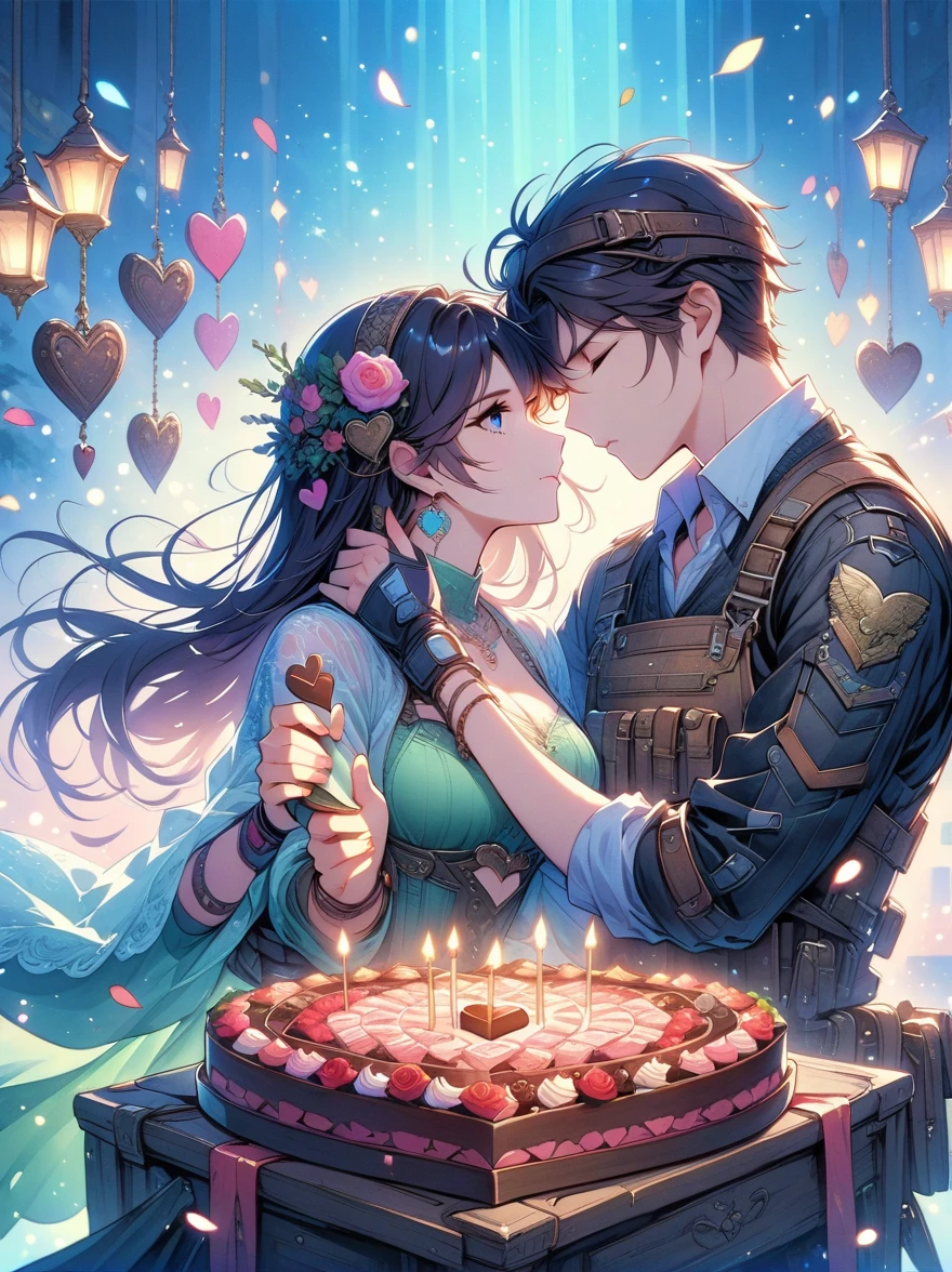 A cartoon-style illustration of lovers kissing, surrounded by Valentine's Day elements. The scene is vibrant and filled with hearts, Cupid's arrows, and pink and red decorations. Both characters exhibit exaggerated, joyful expressions of love, with their eyes closed in a blissful kiss. The background is adorned with symbols of romance, such as roses, chocolates, and a banner proclaiming 'Happy Valentine's Day,' all rendered in a playful, animated aesthetic