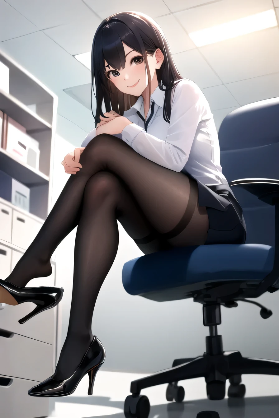 masterpiece, highest quality, High resolution, 1girl High heels hanging down, sitting cross-legged, office lady、smile、knee length skirt、black tights
