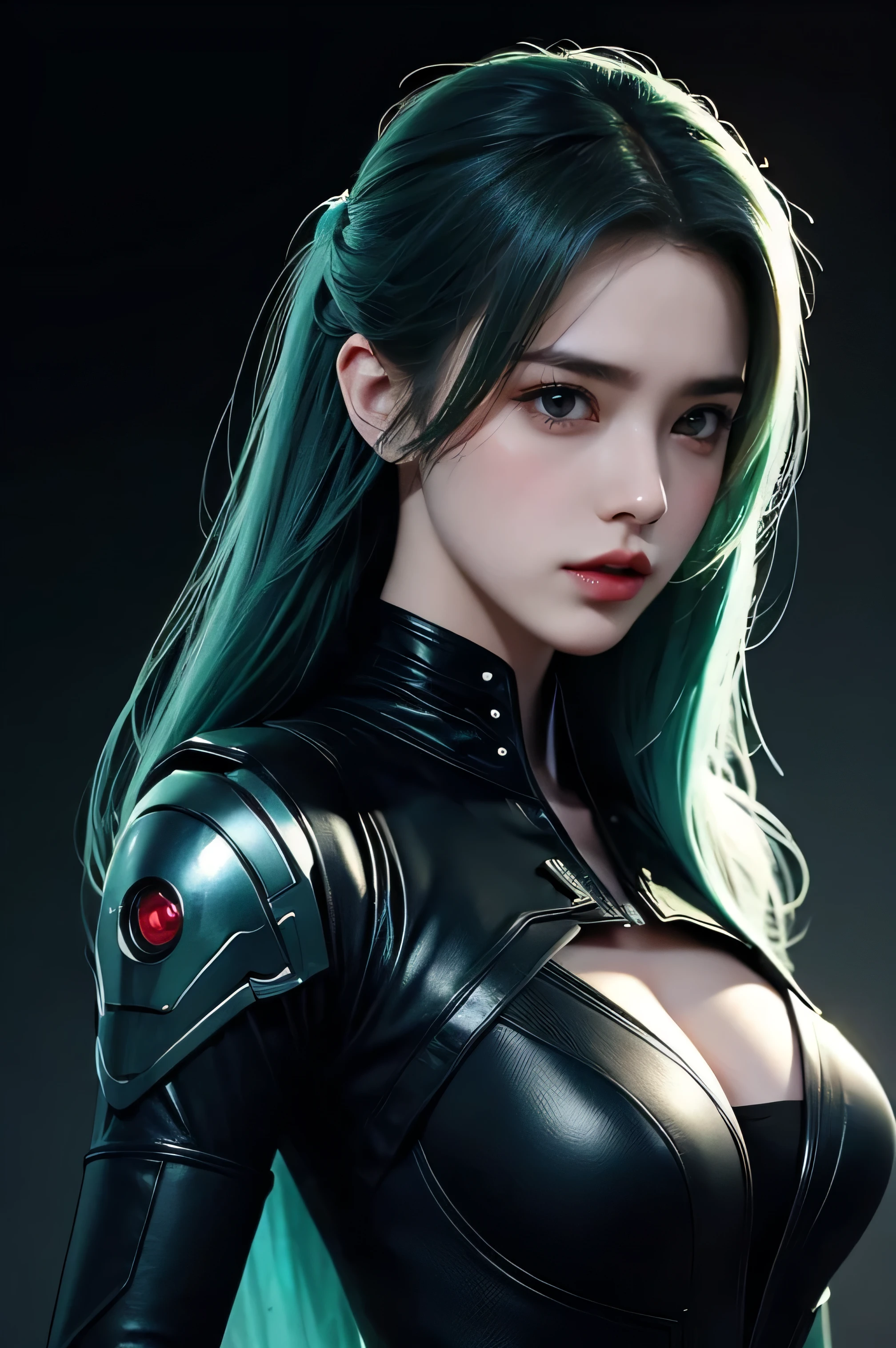 tmasterpiece，Best quality，A high resolution，8K，(sportrait)，((Head close-up))，(Original photo)，real photograph，digital photography，(Cyberpunk-style women in uniform:1.2)，(Professional women)，20 year old girl，Random hairstyles，Red eyelue-green gradient hair)，Serious and obsessed，Cleavage， accessories，Redlip，Keep your mouth shuegant and charming，Serious and arrogant，Calm and handsome，(Sci-fi style business attire for women)，Photo pose，Realisticstyle，gray world background，oc render reflection texture,big , spider girl suit