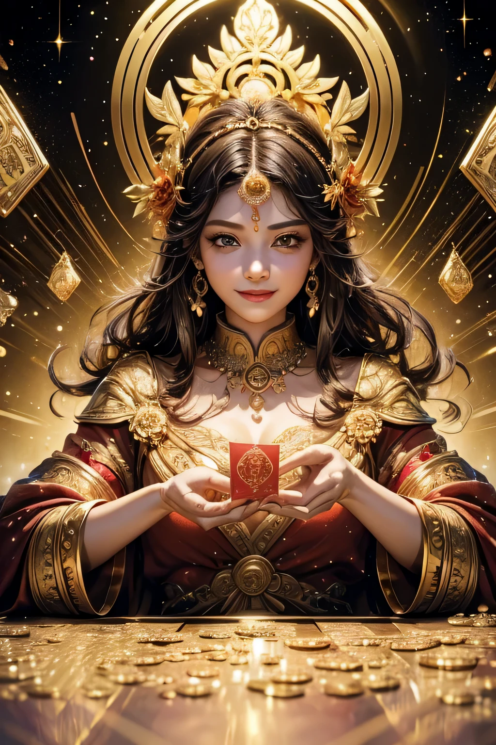 (highest quality,4k,8K,High resolution,masterpiece:1.2),Super detailed,HDR,UHD,studio lighting,Physically based rendering,bright colors,Bokeh,Rich landscape,god of wealth,Abundant gold coins,Shining treasure chest,a benevolent smile,dreams come true,magical country,festival atmosphere,lucky red envelope,infinite wealth,overflowing richness,thriving business,fulfilled desire,positive energy,fun celebration,blooming flowers,Prosperity and good fortune,harmony and prosperity,luxury lifestyle,shining jewel,Extravagant Prosperity,wealth pouring down,Banking and investment growth,the power and blessings of the universe