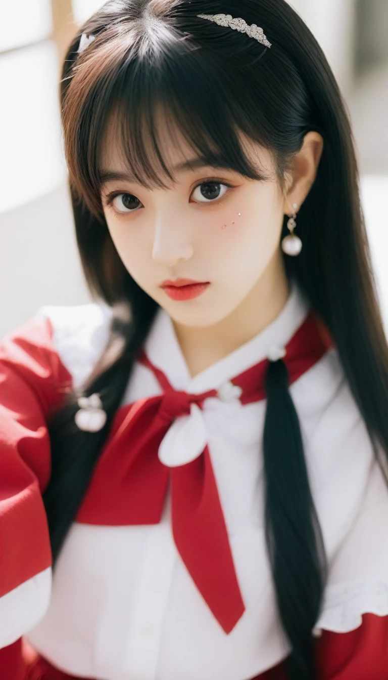 a close up of a woman wearing a white shirt and red skirt, white hime cut hairstyle, anime girl in real life, ulzzang, korean girl, cute kawaii girl, she has black hair with bangs, with black pigtails, with long hair and piercing eyes, she has a cute face, neat hair with bangs, young and cute girl, cute natural anime face