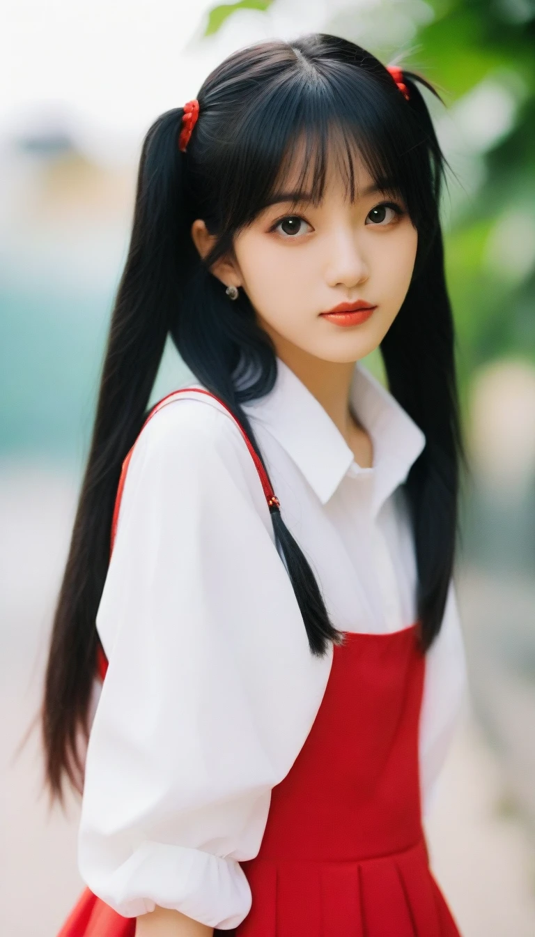 a close up of a woman wearing a white shirt and red skirt, white hime cut hairstyle, anime girl in real life, ulzzang, korean girl, cute kawaii girl, she has black hair with bangs, with black pigtails, with long hair and piercing eyes, she has a cute face, neat hair with bangs, young and cute girl, cute natural anime face