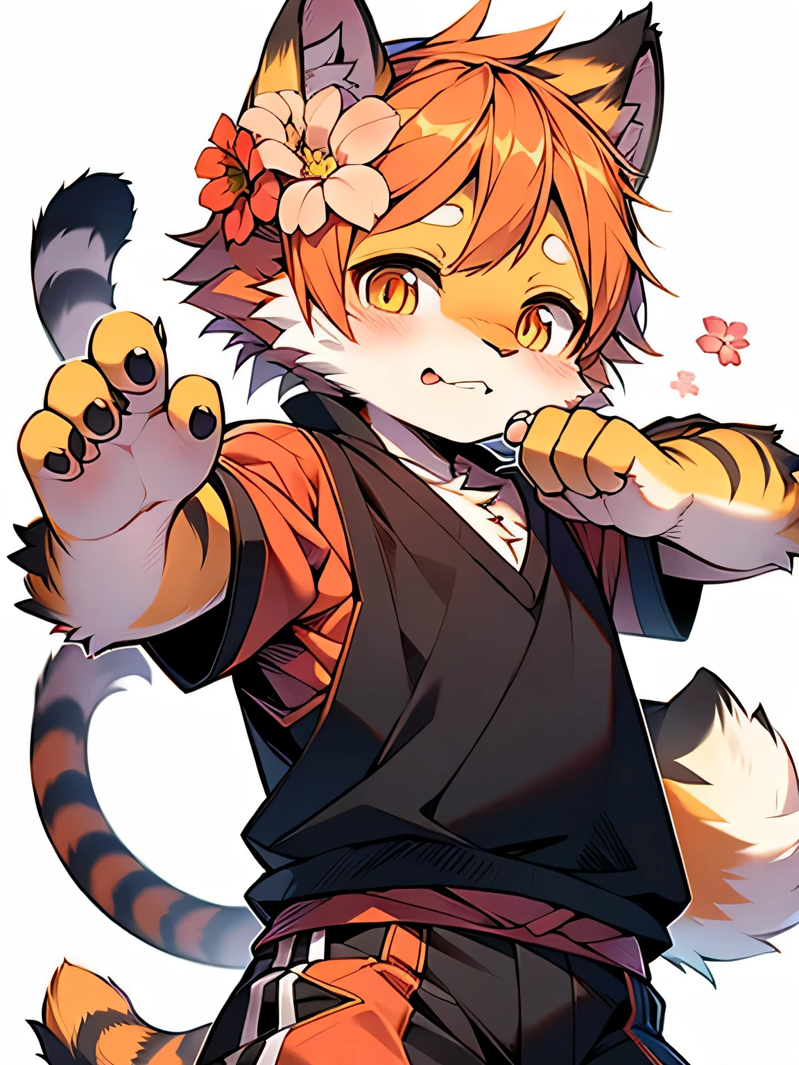 Tiger ears, Tiger Girl, Tiger tail, hair flower, hair adornments, Orange eyes, Orange hair, Short hair, Tail,  Blushing and shy，drools ，pink panty， B-cover，Butou，Practice martial arts