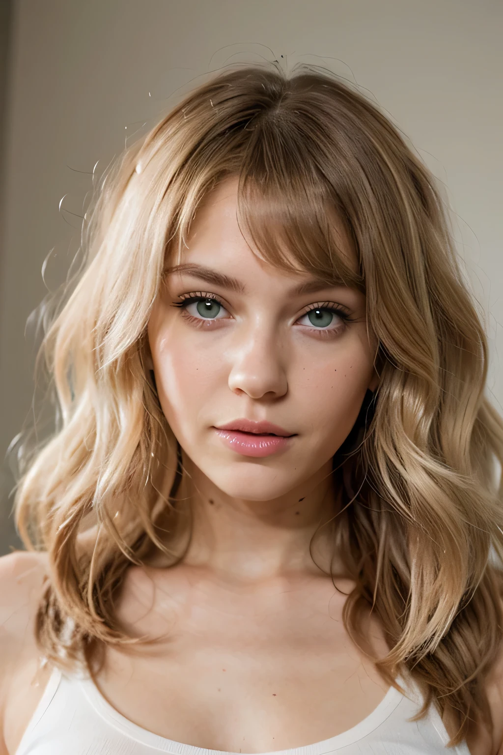 Please make me a light light bleach blonde model with white green eyes pink lips.com and big curls and she needs to be as realistic as possible I want her hair hanging free and I want to be big curls no I want you to be bleach blonde and big big curls