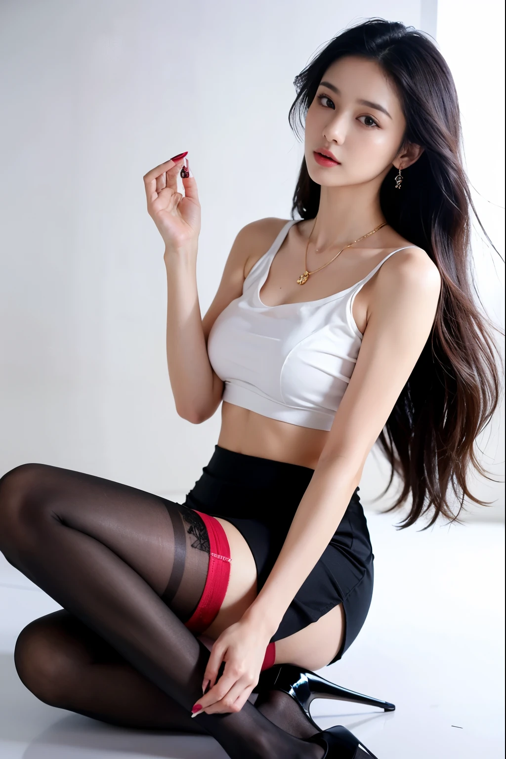 (masterpiece:1.3), (8 thousand, realistic, RAW photos, best quality: 1.4), (1 woman),(sheer silk blouse), (short skirt), (짙은색 realistic 팬티 스타킹), (wearing stockings), (wearing stockings), (High Heels), (High Heels), (very sexy), (full body shot), (Beautiful makeover), (유난히 아름다운 realistic 얼굴), (Build a beautiful body) , (beautiful face), (beautiful face), (long eyelashes), (double eyelid), (big bust) , (Strong body through exercise), (beautiful abs), (Beautiful heaps), (tall), (such a beautiful body), (realistic face), (black hair. parted, long hair:1.3), (아름다운 parted스타일), (realistic eyes), (really beautiful and delicate eyes), (realistic skin), (beautiful skin), (absurd), (attractive), (ultra high resolution), (extremely realistic), (very detailed), (golden ratio), (realistic 긴 다리), (realistic 팔), (necklace), (earring),(beautiful nails manicure), (So beautiful and sexy)