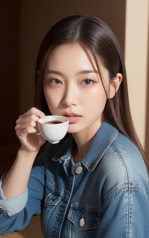((top-quality、in 8K、masterpiece:1.3、超A high resolution))、(Clear focus:1.4)、BREAK、A Japanese Lady、childish、1 persons、full body Esbian、(Detailed chair、Sitting on a chair:1.2、Glass Table、Coffee cup on table、Eating donuts:1.2)、light skinned、((dark brown hair))、(Denim jeans:1.2、Detailed fabrics)、Super fine face、A detailed eye、Narrow-eyed、double eyelid、Reddish cheeks、Detailed skin、Sweating、Lustrous skin、Shine skin、Shaded skin、Wearing makeup、ruddy lips、Large breasts、looking in camera、BREAK、(Detailed background、Detailed background、Home:1.5)、the setting sun、Natural lighting
