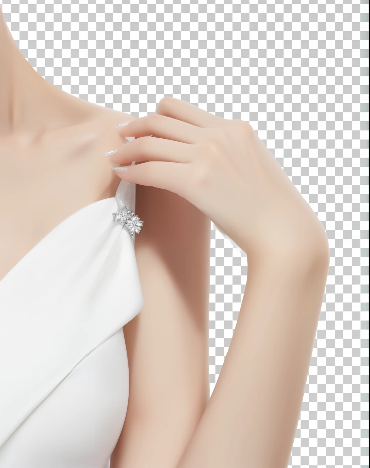 One wearing a white dress、Close-up of woman wearing diamond necklace, Background removed, Photos of hand-decorated models, Wear elegant jewelry, groomed hands, woman's hand, Transparent Background, Transparent body, gloves and jewelry. sports, High resolution rendering, Wear jewelry, clear background, highly photographic rendering, Wear jewelry, clean digital rendering, photographic rendering