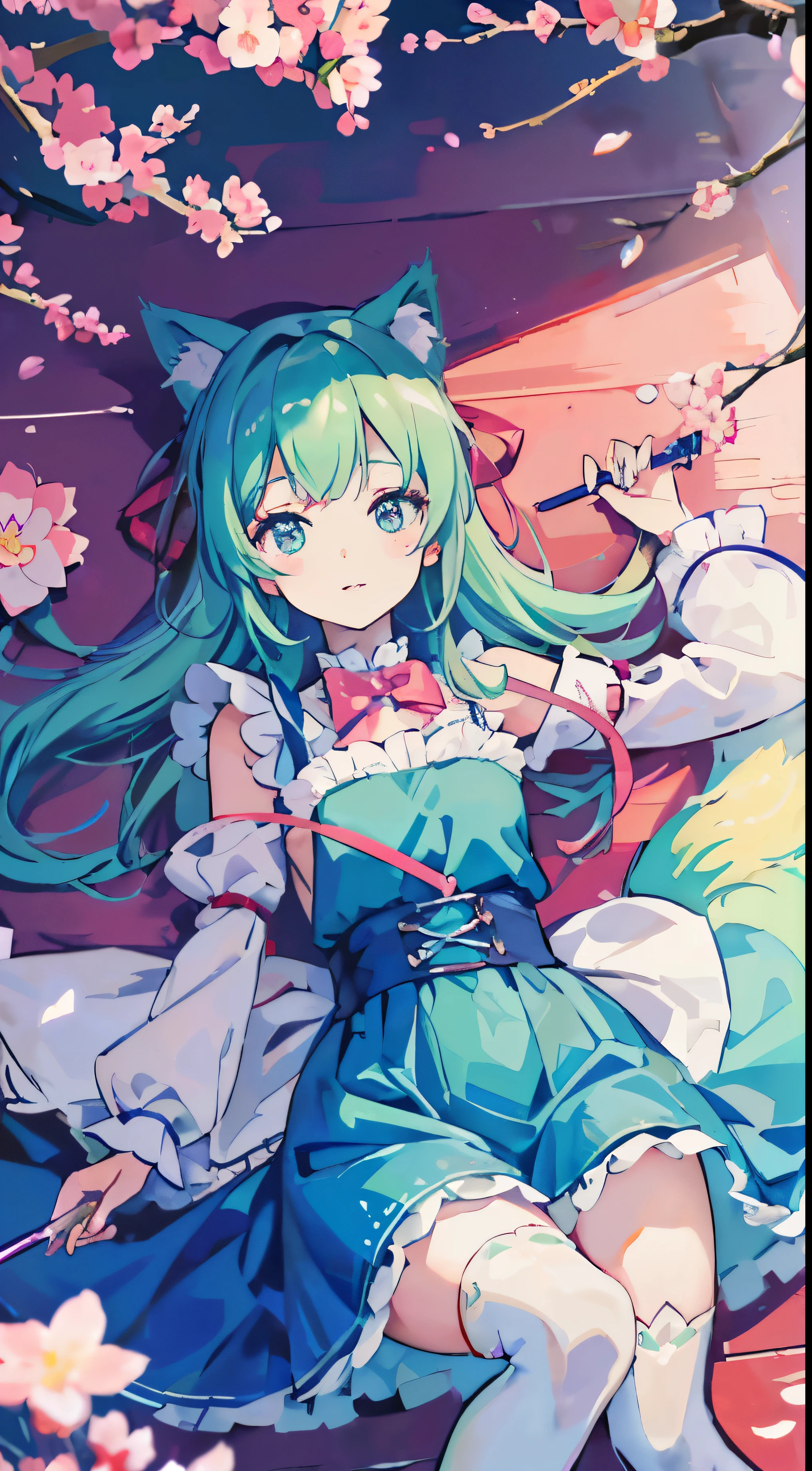 ((table top, highest quality: 1.1), ((Anime girl in a blue dress with a magic wand)), art nouveau、Anime Nekomusume wearing a maid costume, , ((Green hairs))、long haired person、((Eyes that shine like jewels, long eyelashes, and transparency))、Very Beautiful Anime Neko Musume, anime cat girl, ((white knee highs)), charming cat girl, Cherry blossom viewing under the cherry blossom trees,lying down、私nspired by Leiko 私kemura, Aya Takano color style, in ryuuou no oshigoto art style, ((Cat ear)), smile
