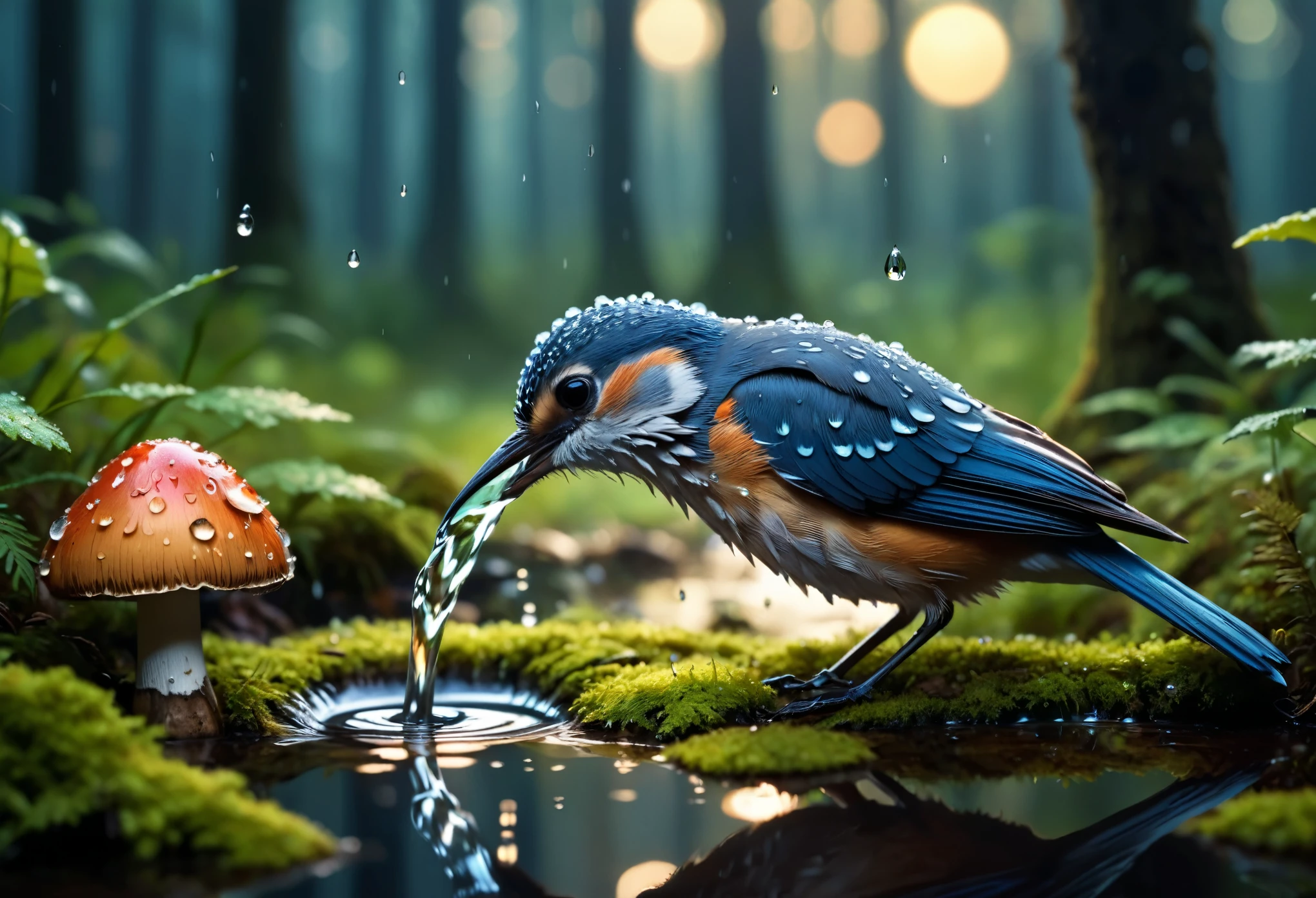 masterpiece, Macro photo of a bird drinking water in the forest, dusk, mushroom, Dewdrops, high contrast, Studio Ghibli style, Highly complex, Very detailed, Realistic style