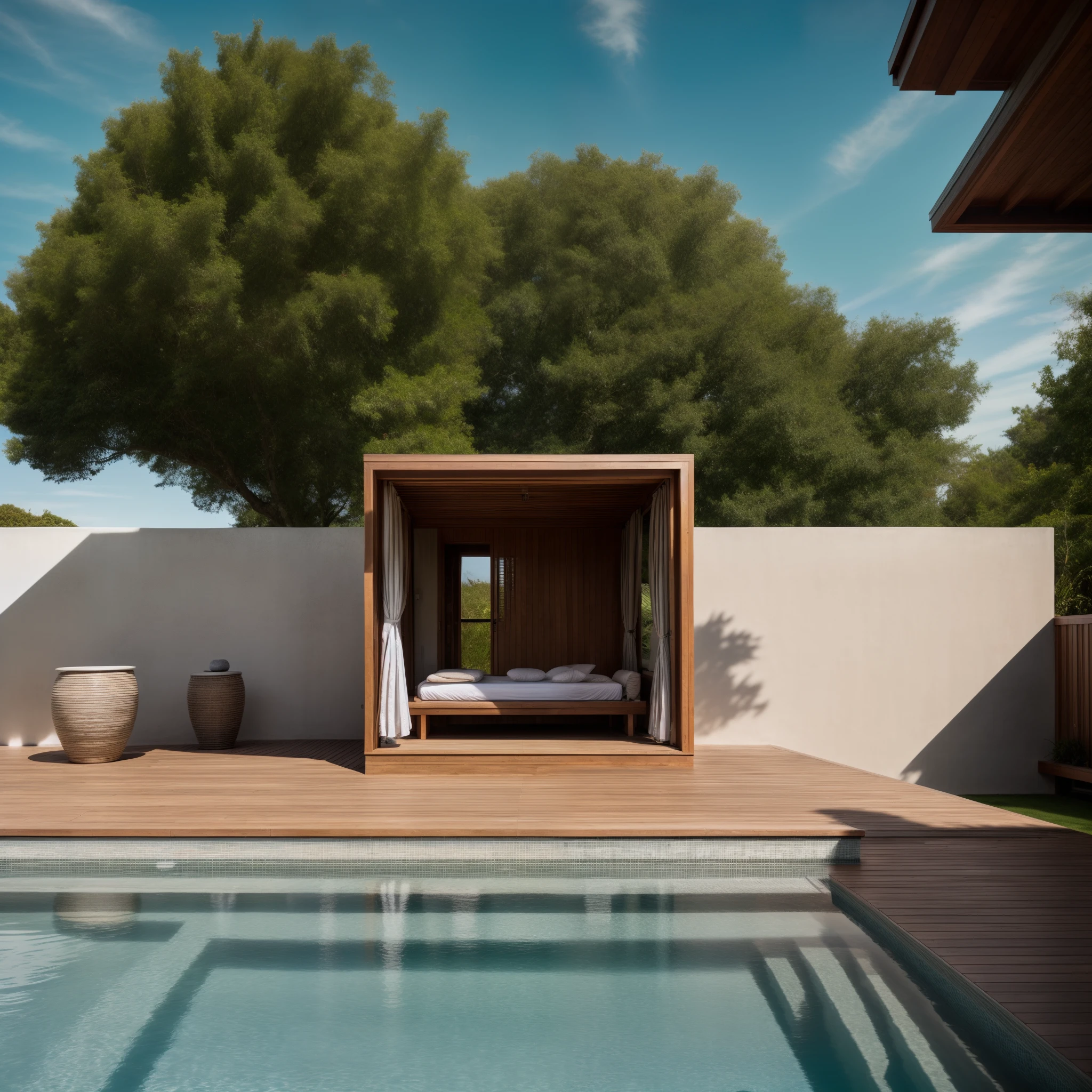 RAW photo, infinity pool with a cabana, modern tropical style, natural light, outdoor design, bedmar and shi architectural style, realistic
8k uhd, dslr, soft lighting, high quality, film grain, Fujifilm XT3
