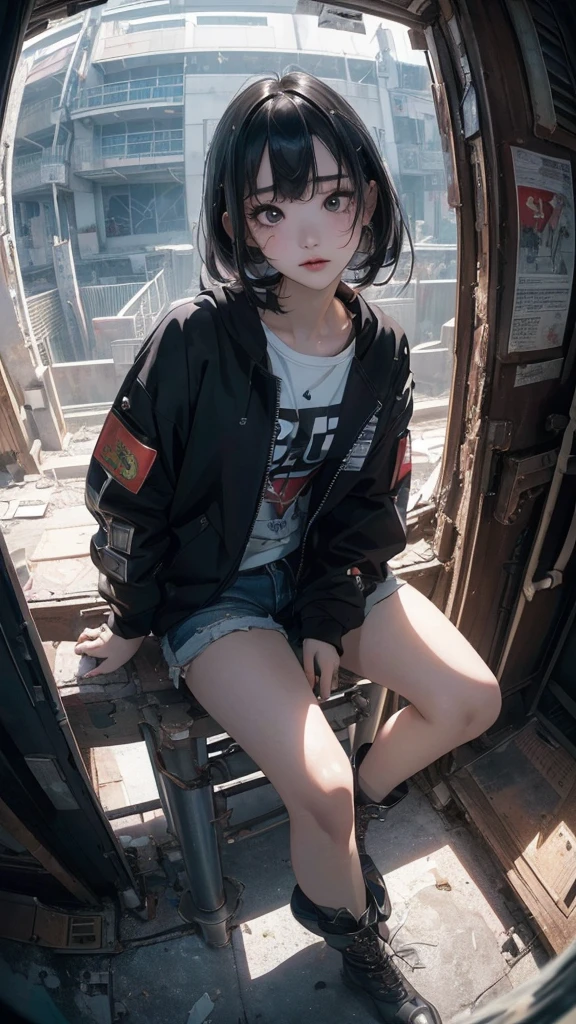 ((Highly detailed CG unit 8k wallpaper, masterpiece, High resolution, highest quality)), (Woman sitting on a rusty oil can, beautiful woman with medium hair, Nana Komatsu, put one's hand in one's pocket:1.5, Cyberpunk fashion, Wearing micro mini shorts:1.2, wearing boots:1.2), ((highly detailed face, highly detailed black eyes, detailed body, highest qualityのリアルテクスチャスキン)), (black hair, white skin), (Inside a futuristic abandoned building), (Angle from above:1.3, Fisheye Shot:1.3), hyper realistic, digital paint,