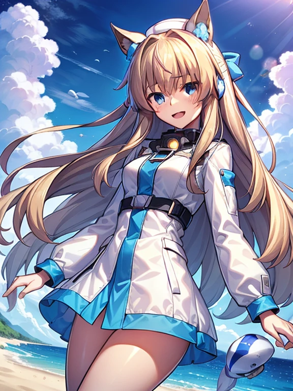 ((masterpiece))、highest quality、(Whole body wide angle)、Neo Universe(Umamusume)、1 girl, Neo Universe(Umamusume)、alone, chest, looking at the viewer, blush, smile, long hair, bangs, large chest, blonde long hair, long sleeve, blue eyes, headphone,beret,:d, body suit, bSpace, white body suit, blue sky,Ocean,summer,Wind:1.3,, Space Suit Break