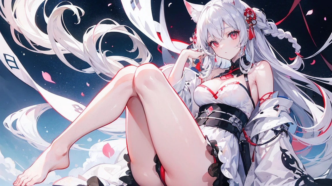 masterpiece, highest quality, beautiful, High resolution, perfect anatomy, highest quality、 8K、 red eyes, gray hair, long hair, A hairstyle with a bunch of braids hanging from the bangs on one side, white cat ears, white cat tail, beautiful女の子、 nice、 beautiful髪、 beautiful目、 beautiful肌、beautiful feet、beautiful腕、perfect fingers、 very cute、 very cute、