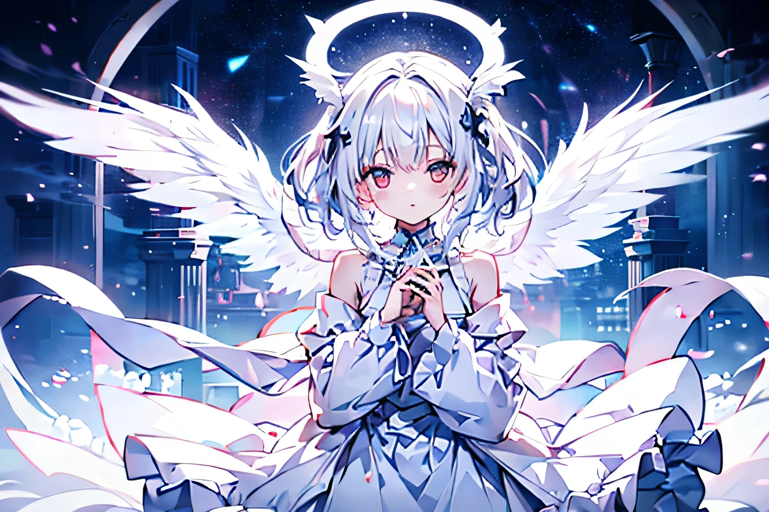 Anime girl with white hair and angel wings in white clothes, Digital art on pixiv, White-haired God, Pale young ghost girl, zero art, Ethereal animation, pixiv, pixiv style, Demon anime girl, of an beautiful angel girl, white wings, goth girl anime girl, Pixiv Contest Winners, Astral Fairy, Angelic purity, ethereal wings