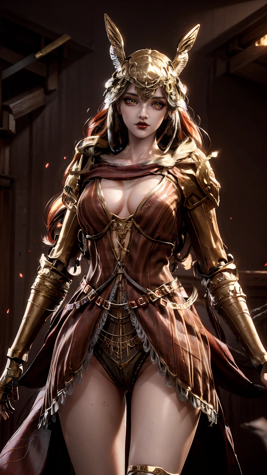 8K, Ultra High Definition, Super detailed, Shiny detailed hair, detailed face, fantasy landscape, solo, looking at viewer, {{best quality}}, {{masterpiece}}, {{ultra-detailed}}, {detailed light}, ultra high quality eyes, detailed eyes, perfect eyes, large eyes, detailed yellow eyes, beautiful lips, red hair, long hair, valkyrie armor, beautiful, skinny body, white skin, slutty, erotic, suggestive, ((nsfw))