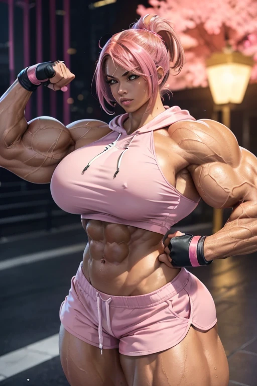 ((((Massive tall, beautiful, buff, wet, brown skinned muscular woman with shocking pink hair, ginormous muscles, flexing biceps and wearing a shocking pink cropped hoodie pink dolphin shorts)))), close view, massive muscle, massive biceps, hyper muscle shoulders, ((massive muscle arms)) vascular shoulders, hyper muscle triceps, (angled bob cut), red eyes, choker, sneakers, in a hot outdoors gym, (fingerless gloves), confident smirk, night, hyper vascular arm, hyper muscles arms, hyper muscle legs, (massive arms).