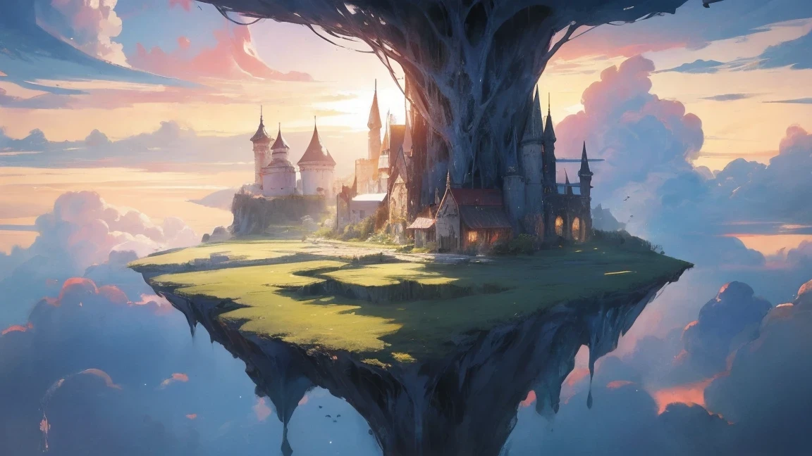 She's just a simple girl working on the farm. she lived in hard times., These are the dark ages. , Crazy world, floating island, cloud castle, (best quality:1.3), (high resolution:1), (detailed:1.3), (excellent:1.3), (perfect:1.3), (perfection:1.3), (volume cover art:0), (illustration:1.3), The Art of Studio Ghibli