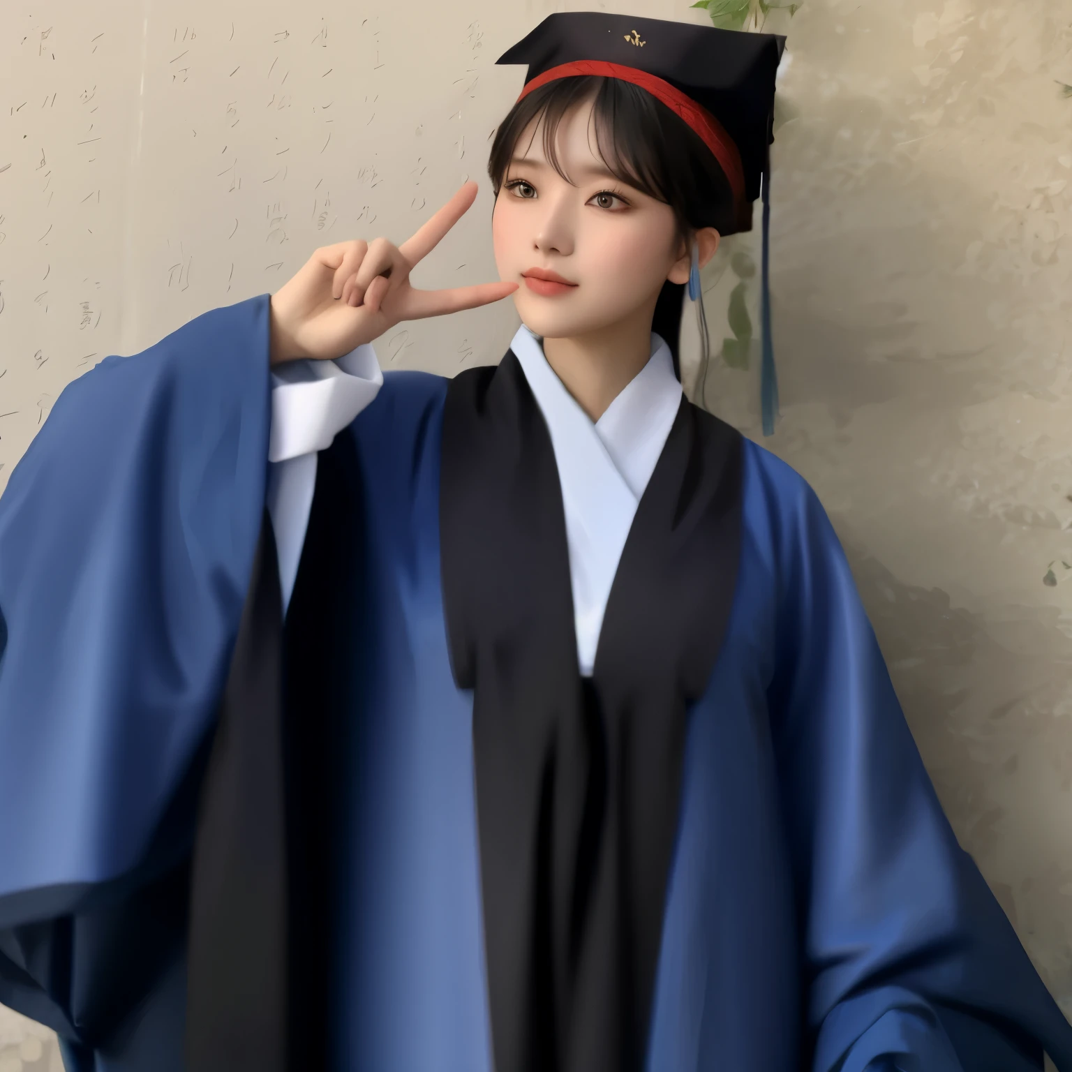 woman in blue graduation gown posing for a photo with her finger up, wearing an academic gown, hanfu, wearing blue robe, wearing ancient chinese clothes, flowing hair and long robes, with acient chinese clothes, dark blue and white robes, wearing a blue robe, classical witch robe, traditional chinese clothing, wearing simple robes, ferred - themed robes and hat