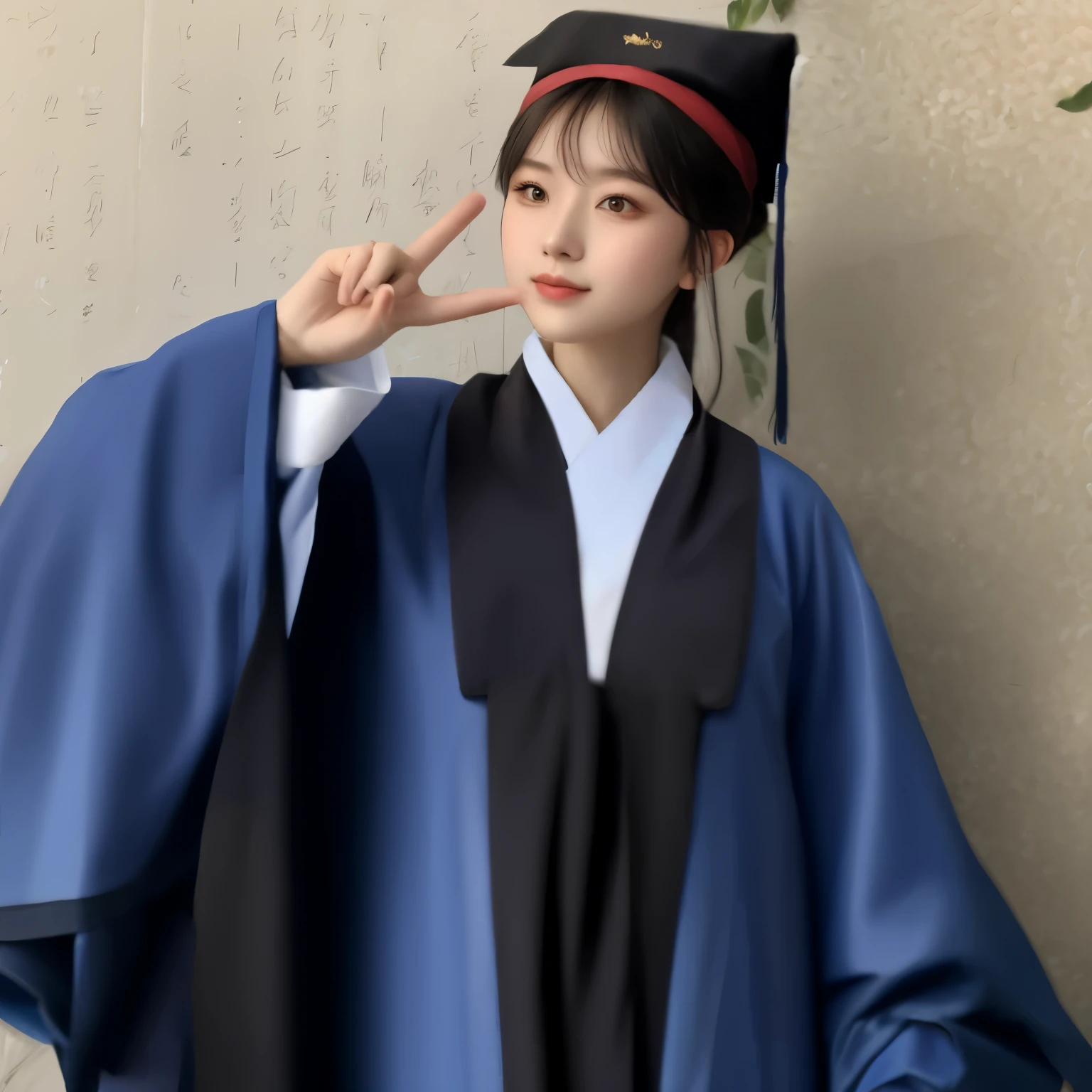 woman in blue graduation gown posing for a photo with her finger up, wearing an academic gown, hanfu, wearing blue robe, wearing ancient chinese clothes, flowing hair and long robes, with acient chinese clothes, dark blue and white robes, wearing a blue robe, classical witch robe, traditional chinese clothing, wearing simple robes, ferred - themed robes and hat