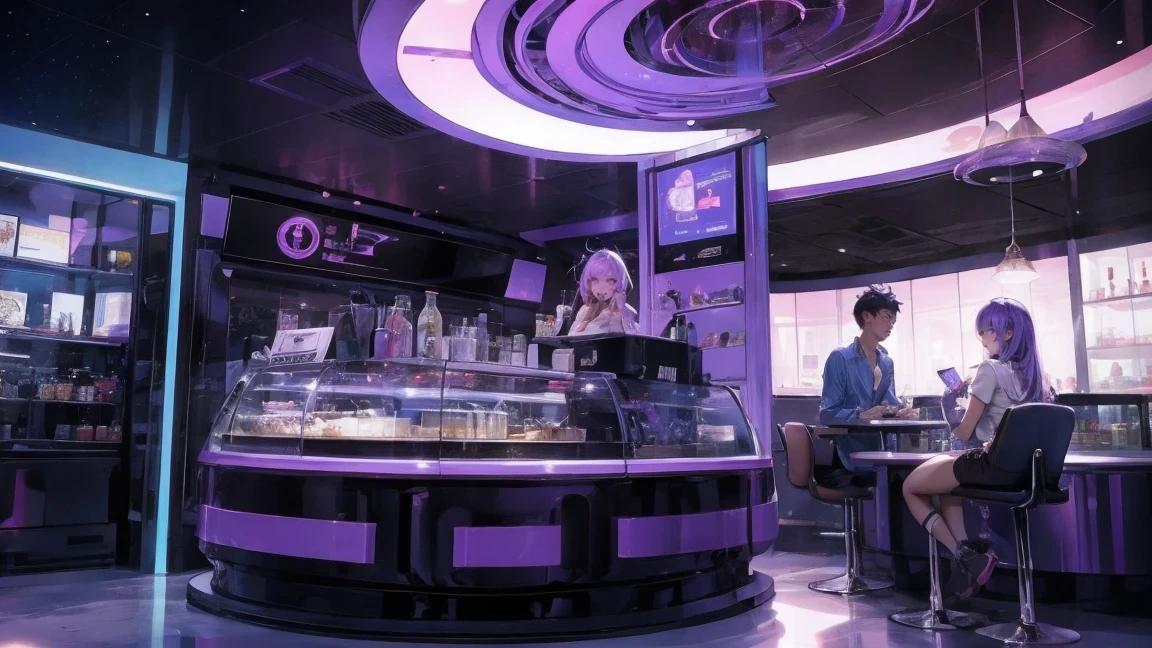 futuristic girl, dark skin, purple eyes, space, purple hair, blue hair, pink hair, long hair, dark skin, futuristic coffee shop