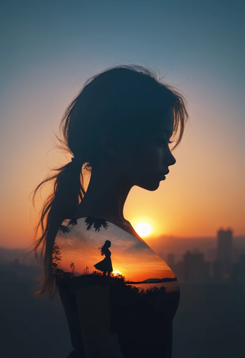 1girl silhouette art, multiple exposure, Sunset, improve, complex, (best quality, masterpiece, representative work, official art, professional, unified 8k wallpaper:1.3)