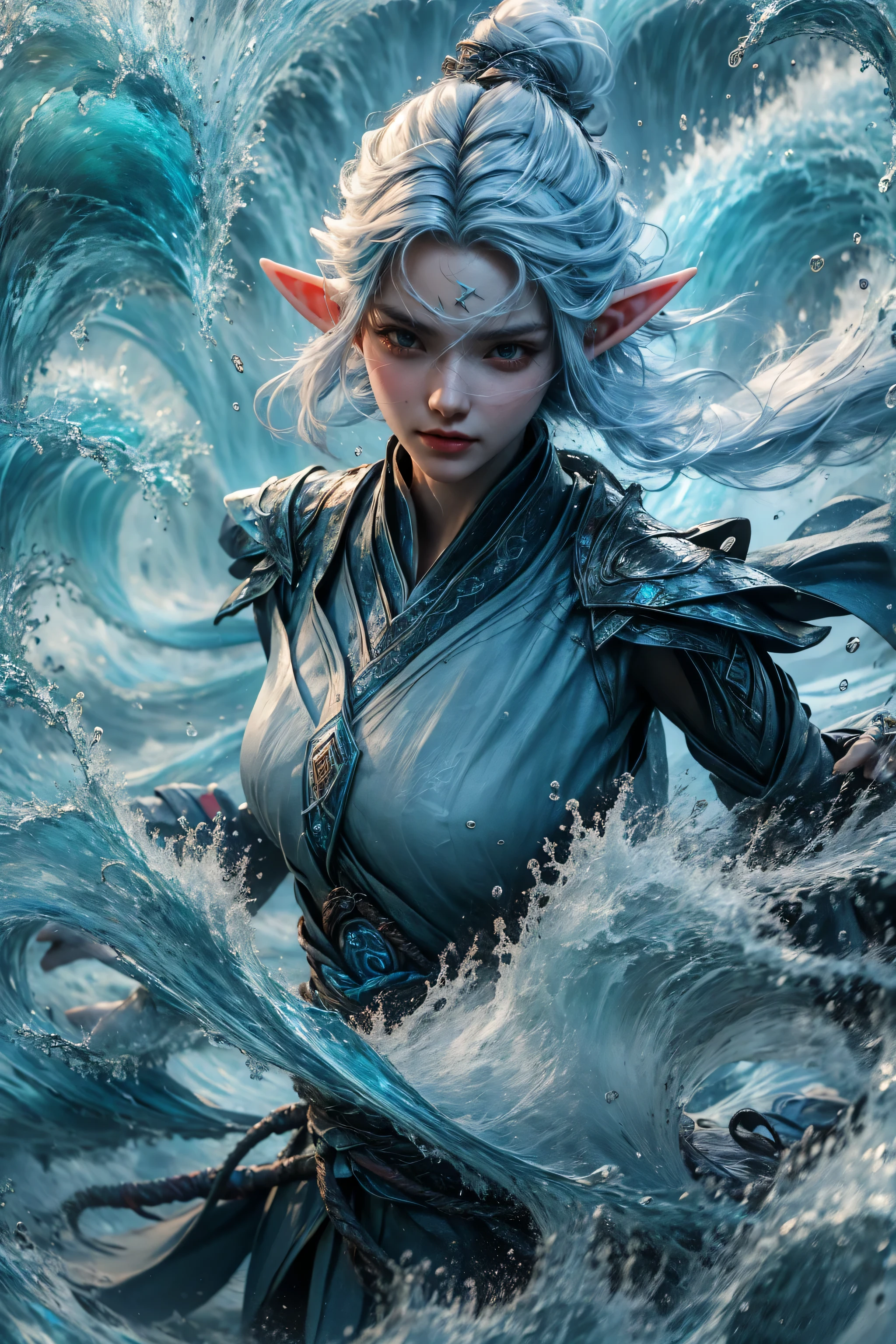 A woman in a blue dress standing in the ocean with a wave - SeaArt AI